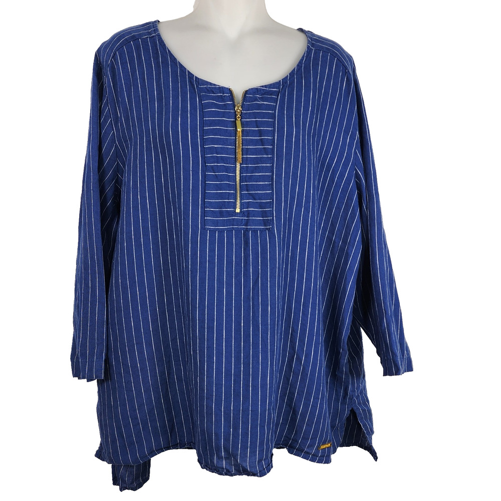 Ellen Tracy Women's Tunic Top Linen Blue White Striped 3/4 Sleeve 1/4 Zip XL